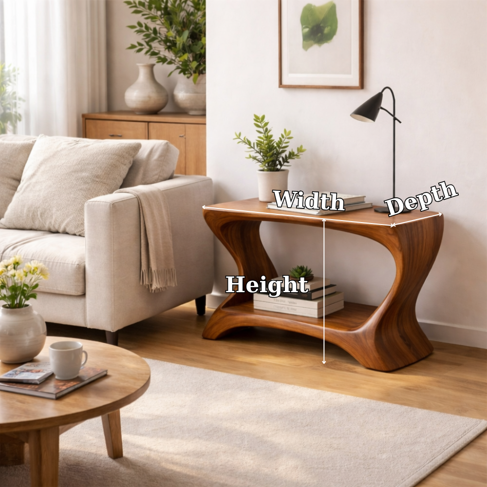 Modern Solid Wood End Table with Shelf – Curved Wooden Side Table for Living Room