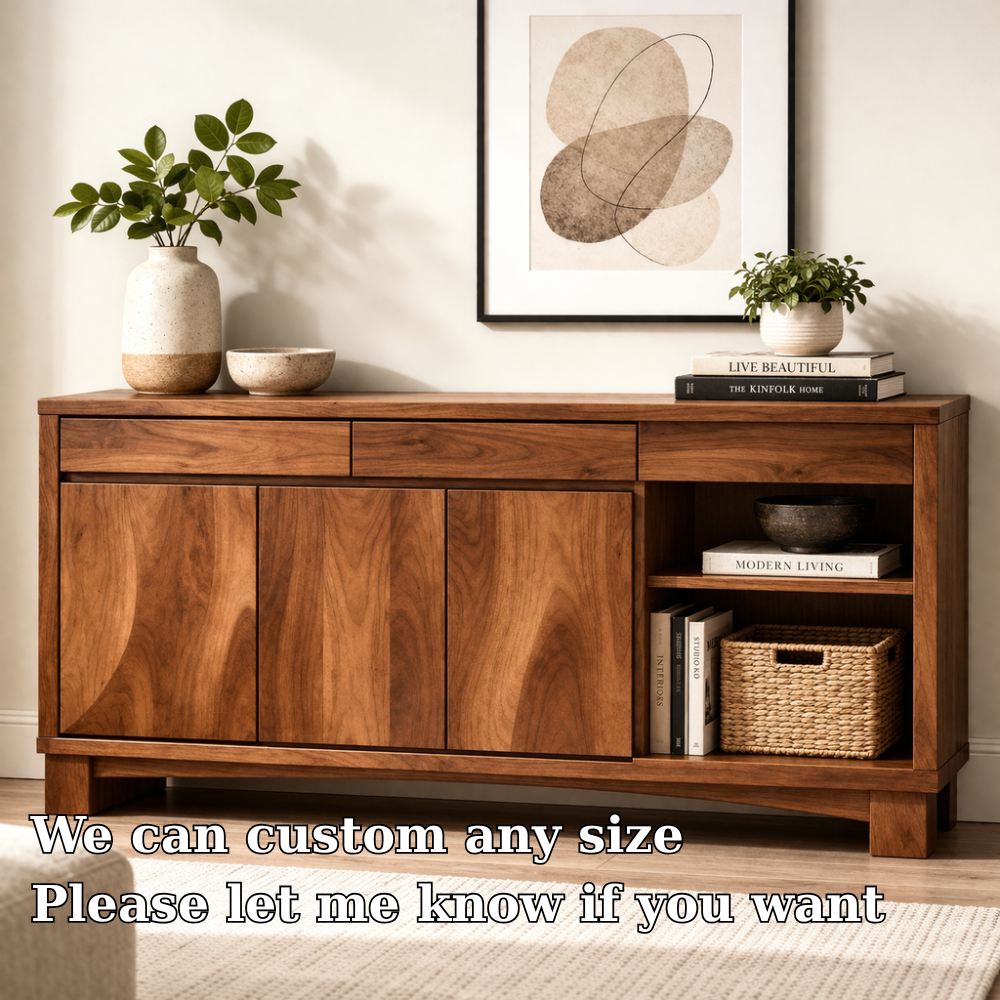 Solid Wood Console Cabinet with Drawers and Open Shelf – Modern Sideboard