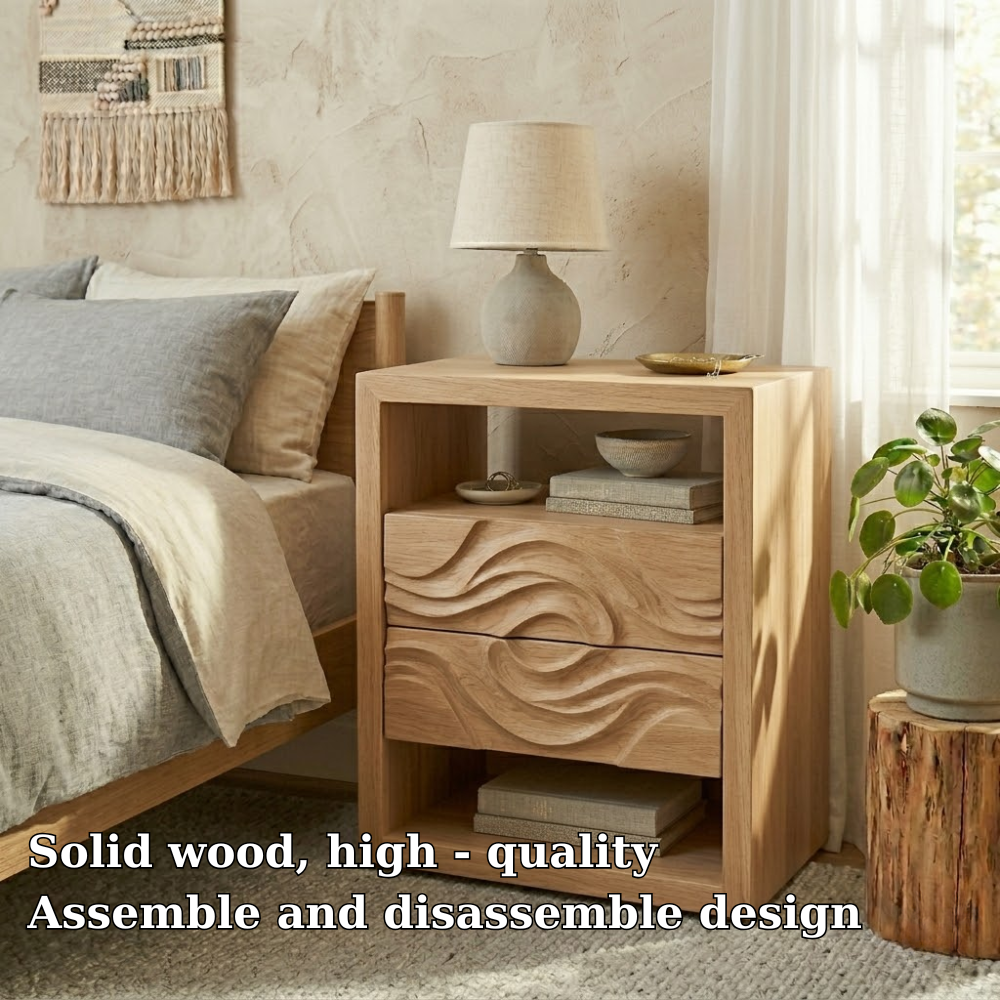 Solid Nightstand with Carved Drawer – Modern Table with Storage
