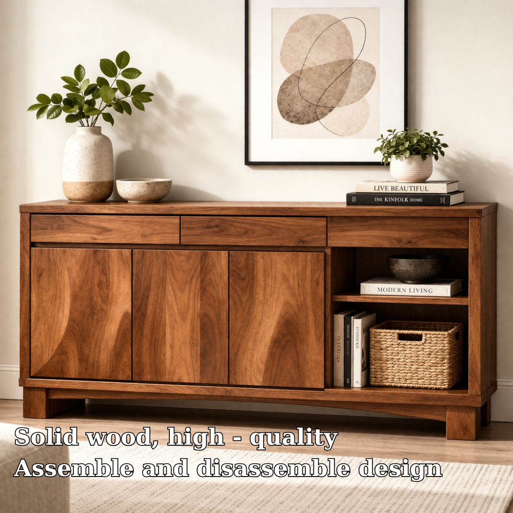 Solid Wood Console Cabinet with Drawers and Open Shelf – Modern Sideboard