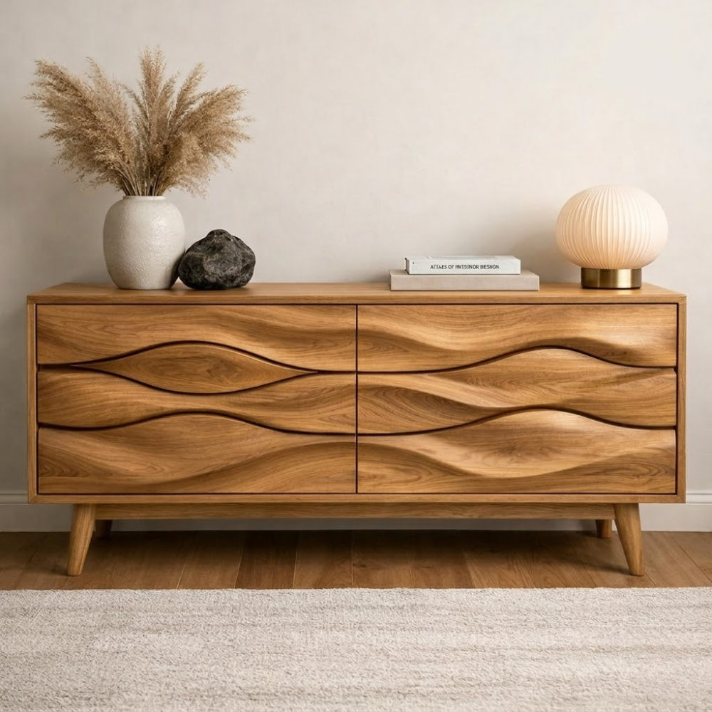Solid Wood Wave Carved Console Cabinet – Modern Sculptural Sideboard