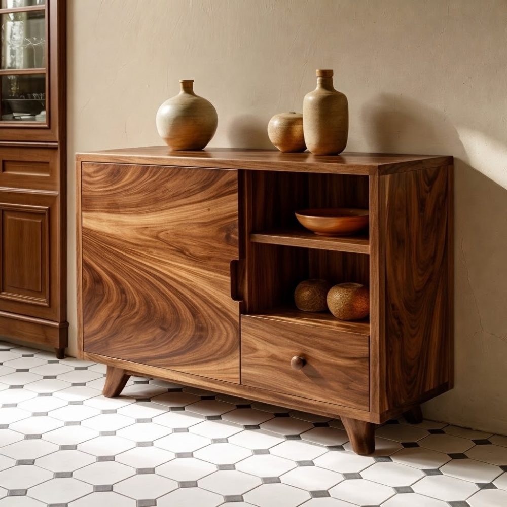 Solid Wood Console Cabinet | Mid-Century Modern with Open Shelving and Drawers