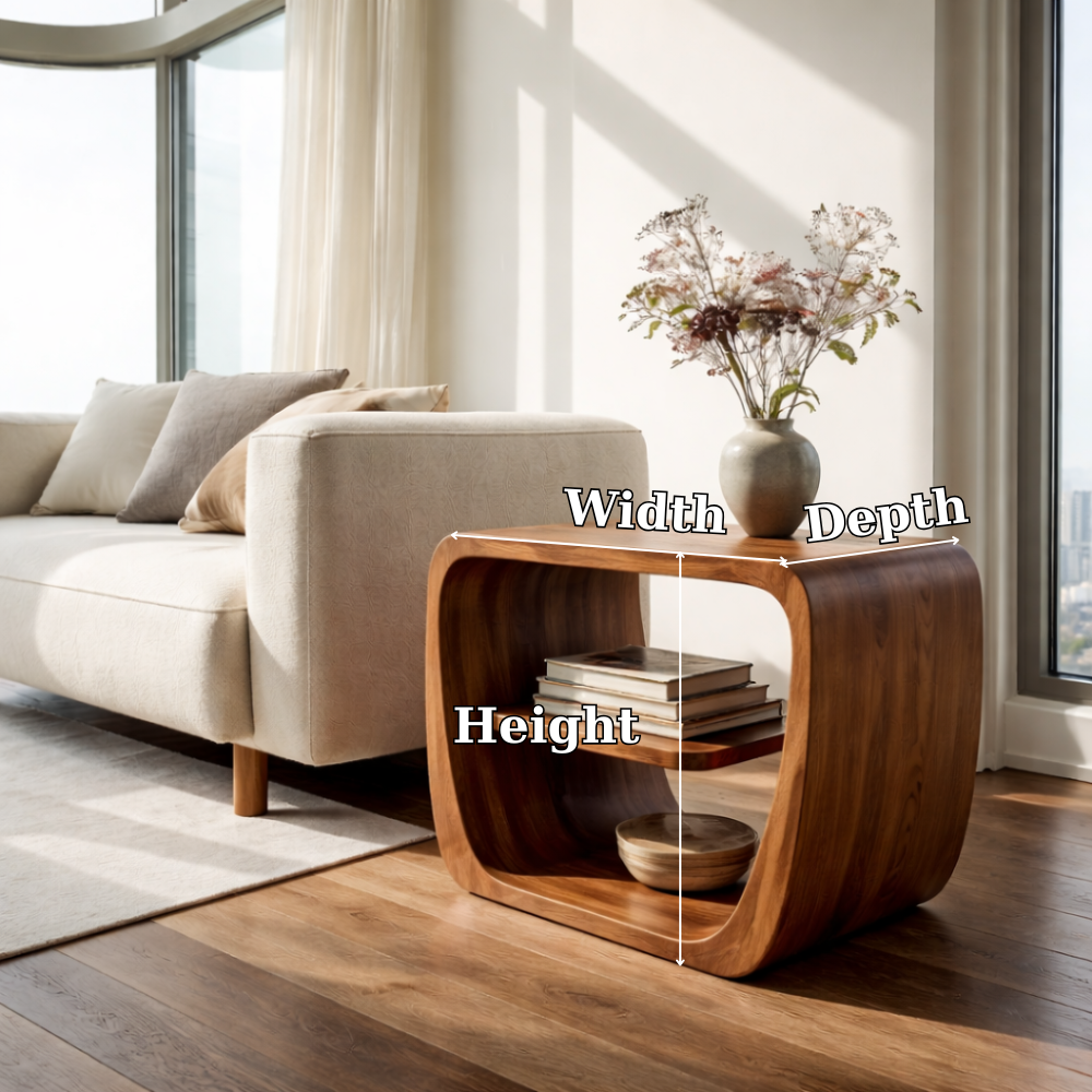 Modern Solid Wood End Table with Storage Shelf – Curved Wooden Side Table for Living Room