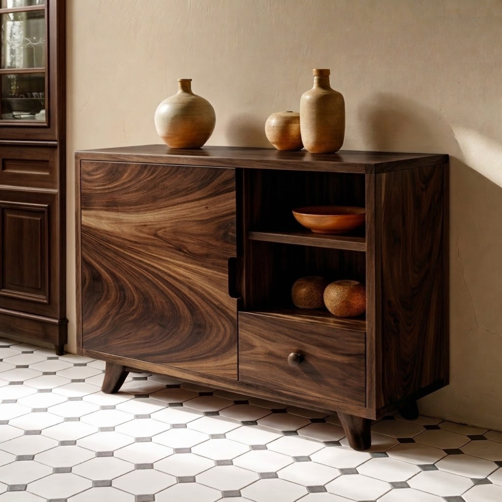 Solid Wood Console Cabinet | Mid-Century Modern with Open Shelving and Drawers