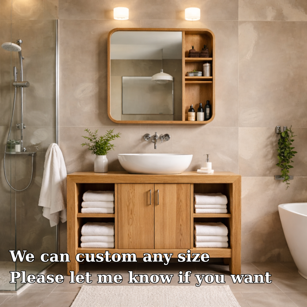 Modern Solid Wood Bathroom Vanity Cabinet with Open Shelves & Double Doors