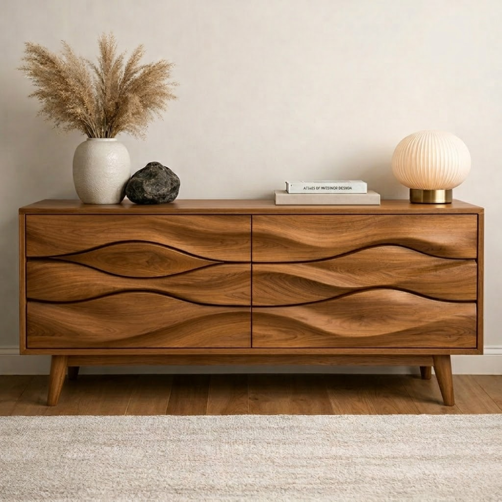 Solid Wood Wave Carved Console Cabinet – Modern Sculptural Sideboard