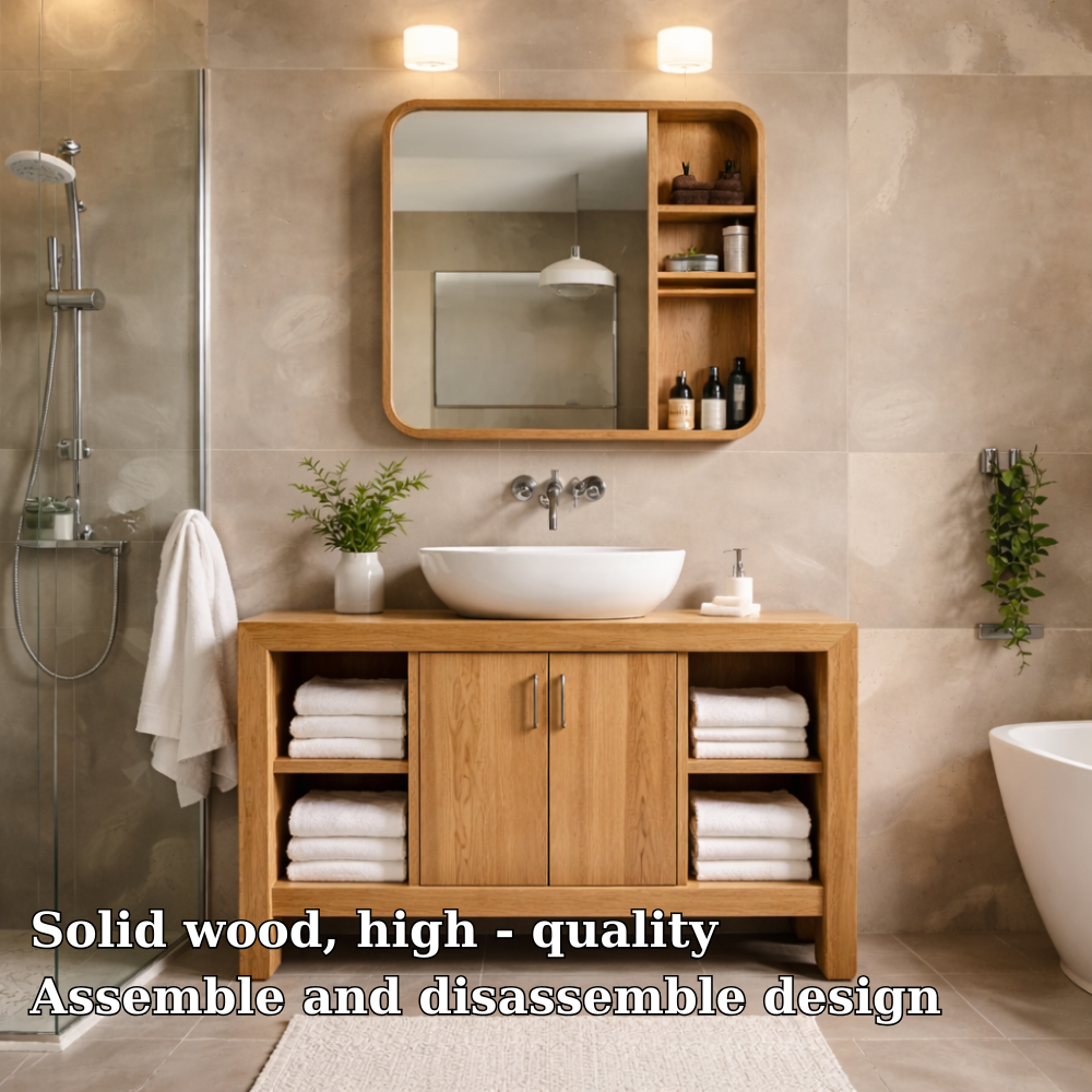 Modern Solid Wood Bathroom Vanity Cabinet with Open Shelves & Double Doors