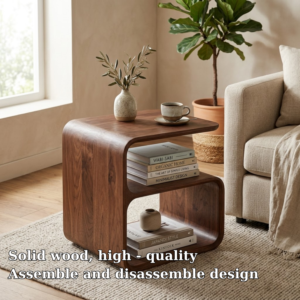 Solid Wood End Table with Open Shelf – Modern Curved Side Table