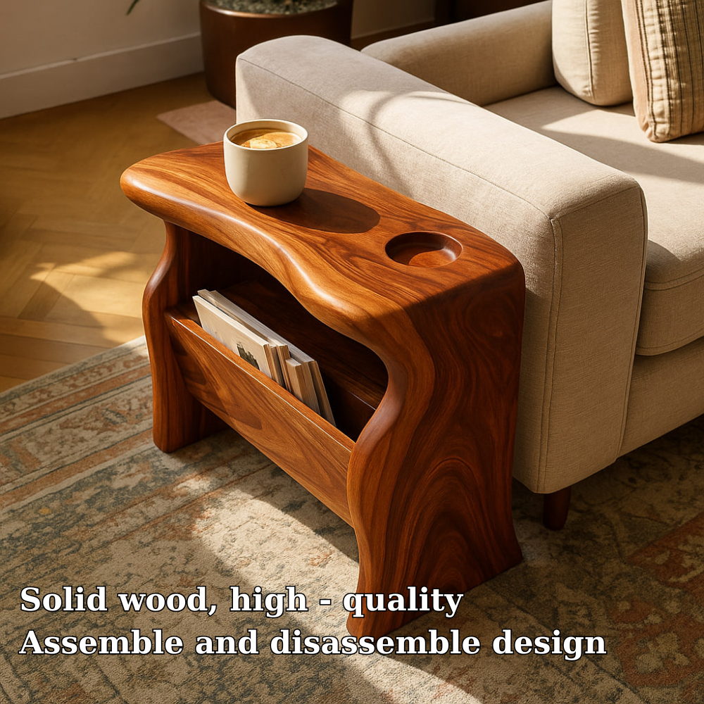 Solid Wood Sofa Armrest Table with Cup Holder and Magazine Storage Side Table