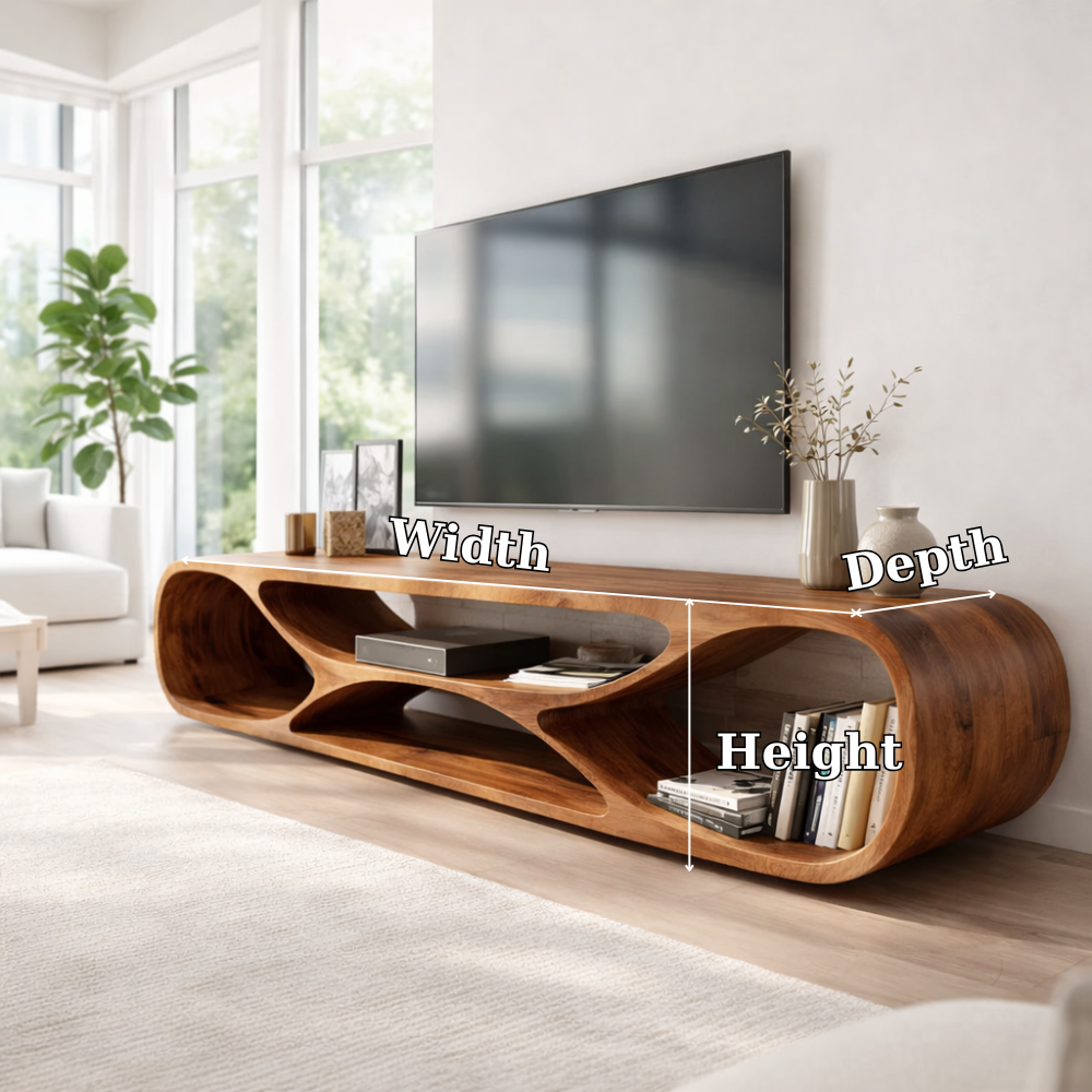 Solid Wood Media Console with Sculptural Curved Design, Modern TV Stand