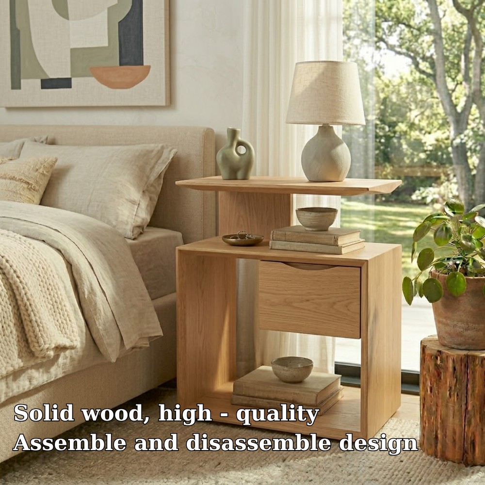 Solid Wood Nightstand with Drawer & Open Shelf – Modern Bedside Table