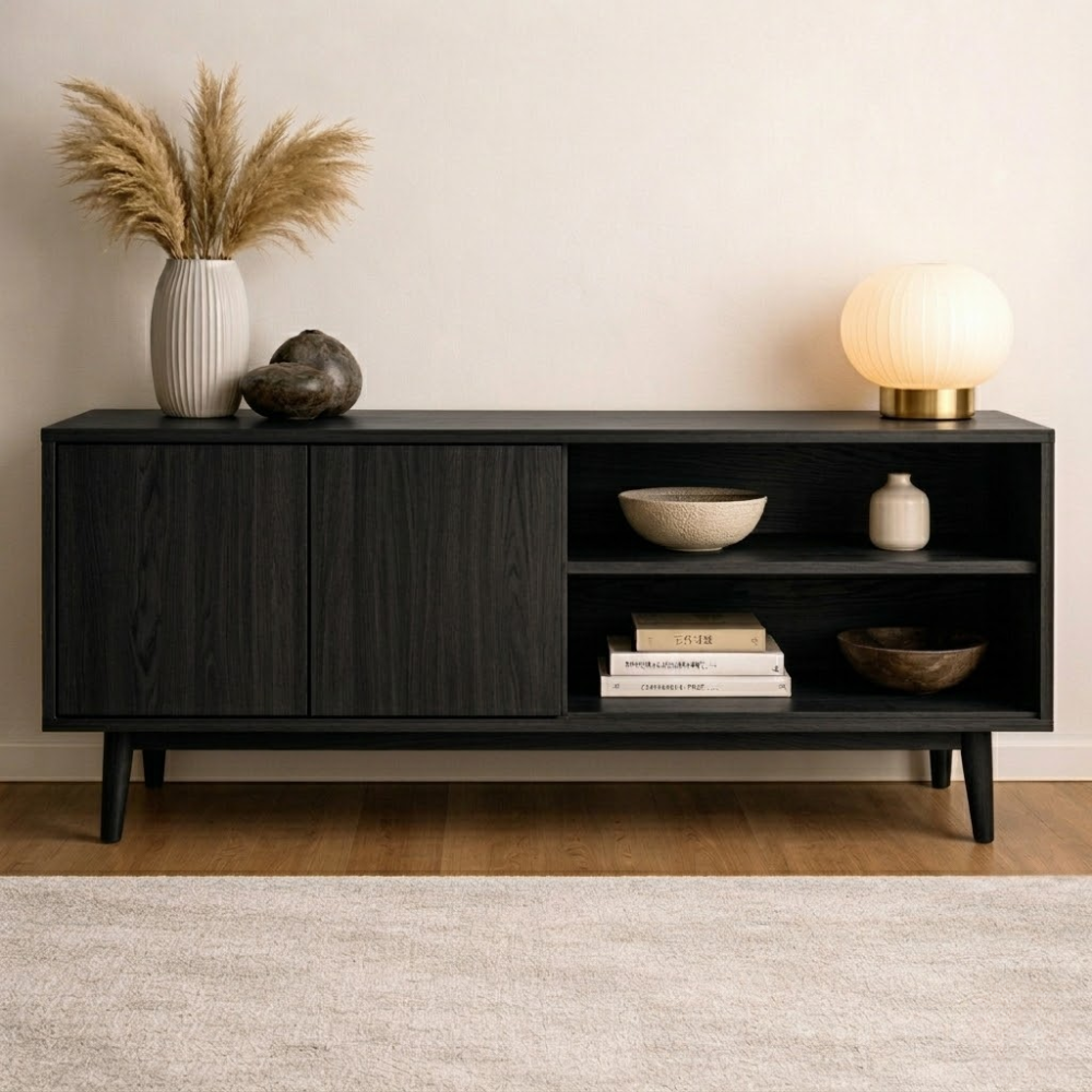 Minimalist Solid Wood Console Cabinet with Sliding Door and Open Shelf