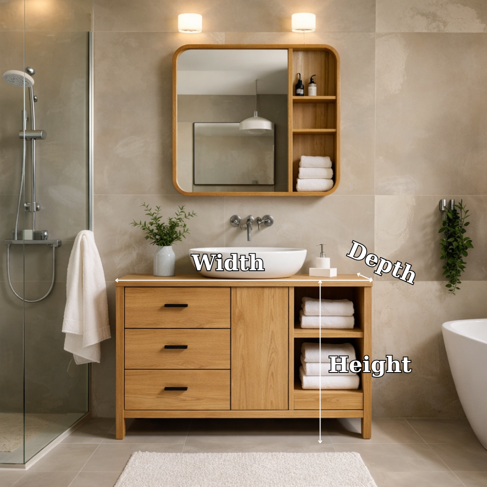 Solid Wood Bathroom Vanity Cabinet with Open Shelves & Drawers β Modern Design