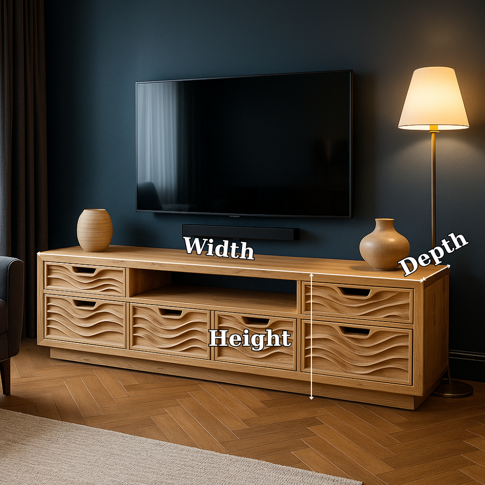 Solid Wood TV Stand Modern Oak Media Console with Wave Drawers and Storage