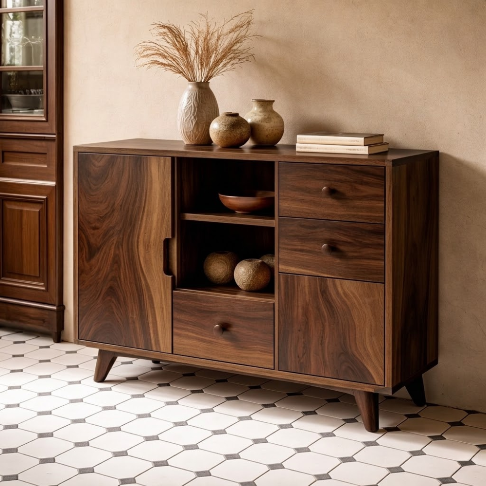 Solid Wood Console Cabinet | Mid-Century Modern Storage with Open Shelves