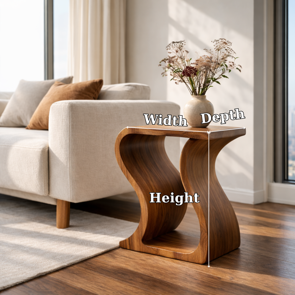 Modern Solid Wood End Table – Sculptural Curved Wooden Side Table for Living Room
