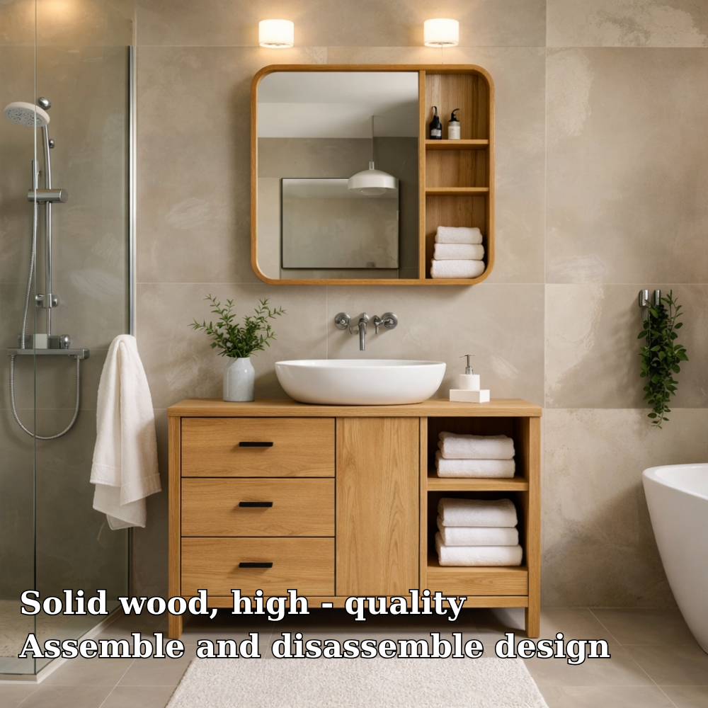 Solid Wood Bathroom Vanity Cabinet with Open Shelves & Drawers β Modern Design