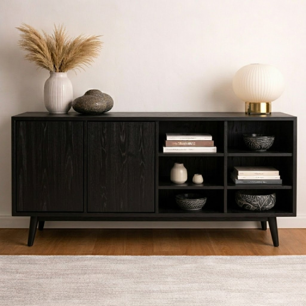 Modern Walnut Console Cabinet with Doors and Open Display Shelving