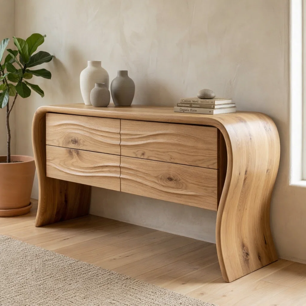 Solid Oak Console Cabinet with Drawers – Modern Curved Wood Entryway Table