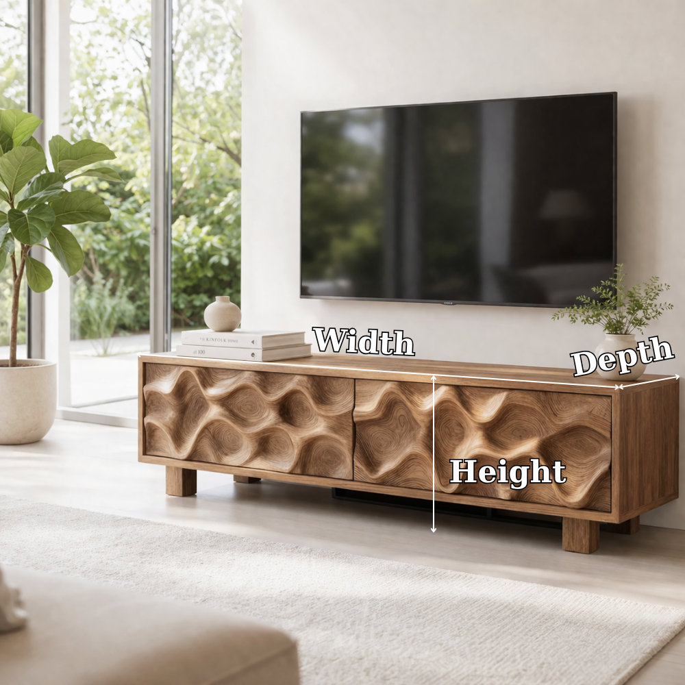 Solid Wood Media Console with Sculpted Wave Front, Modern TV Stand Cabinet