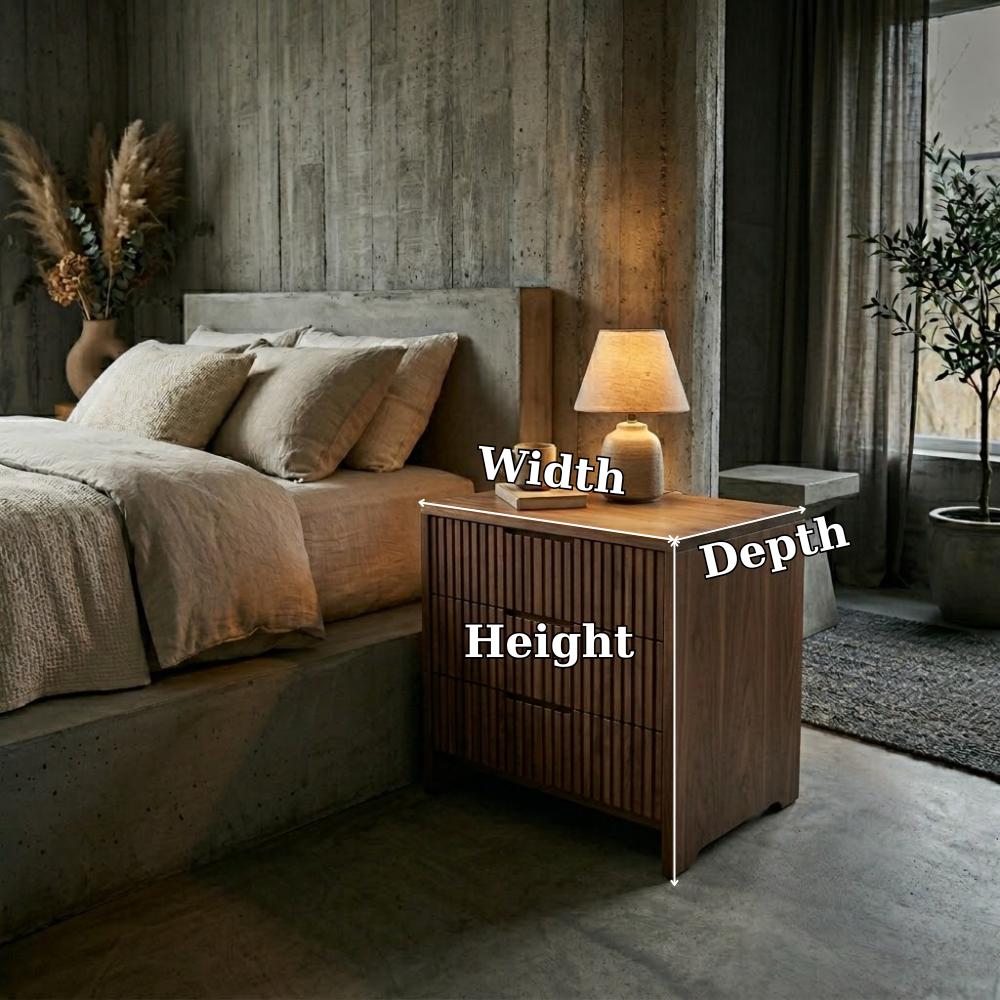 Solid Wood Nightstand with 3 Drawers – Modern Slatted Bedside Table Storage
