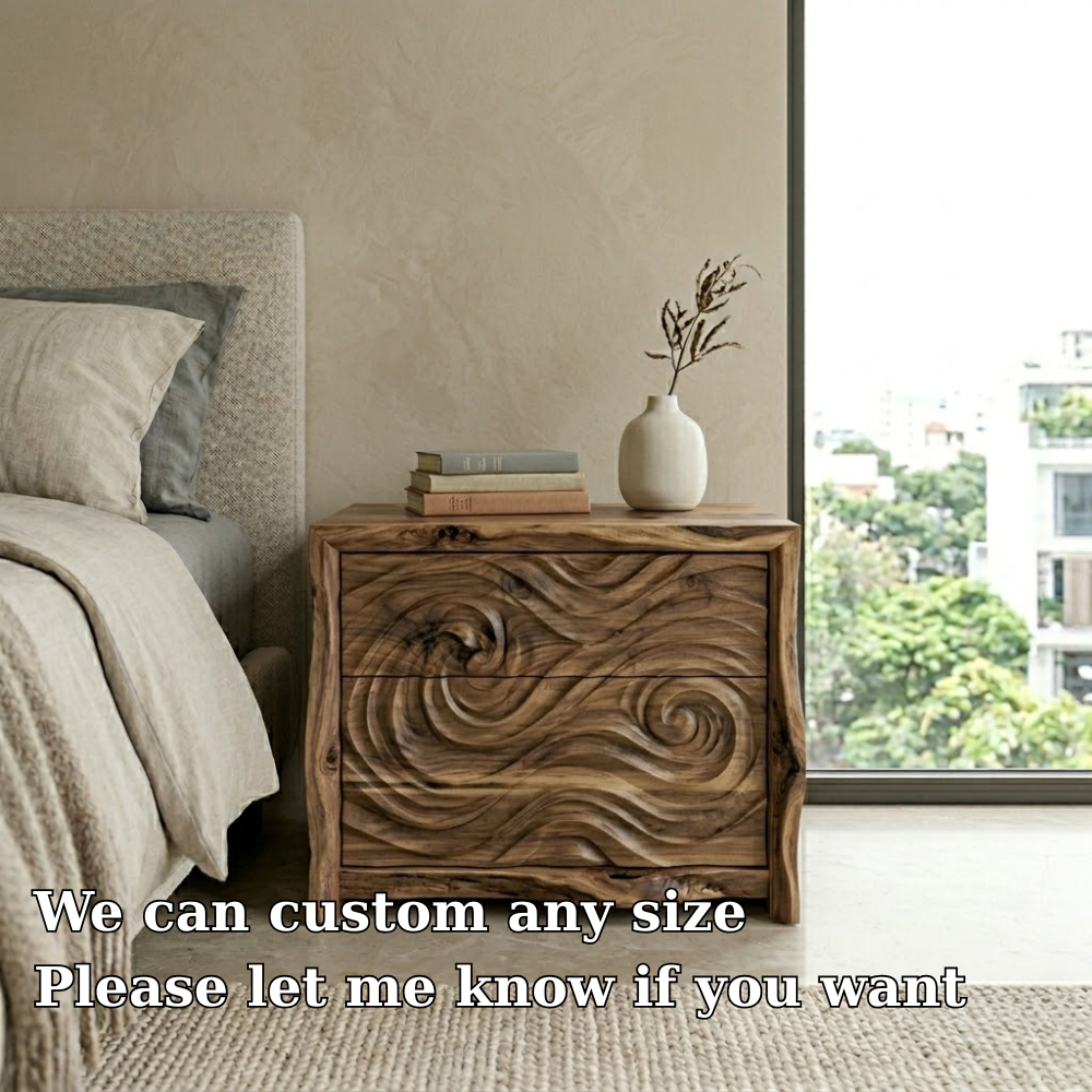 Hand-Carved Wave Wood Nightstand | Organic Modern Bedside Table