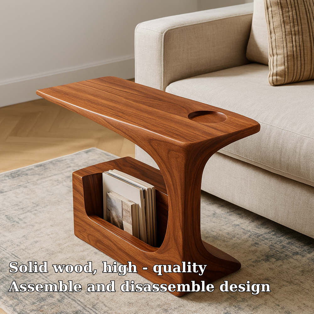 Solid Wood Sofa Armrest Table with Cup Holder and Magazine Rack Side Table