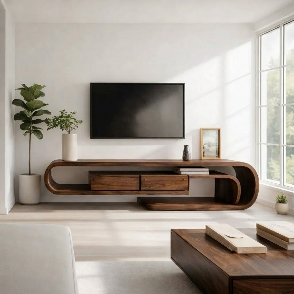 Solid Wood Media Console with Curved Frame & Floating Design, Modern TV Stand