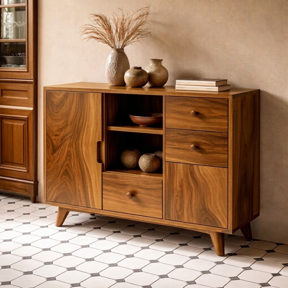 Solid Wood Console Cabinet | Mid-Century Modern Storage with Open Shelves