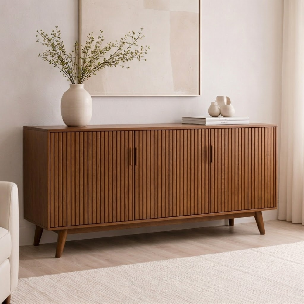 Solid Wood Fluted Console Cabinet with Doors – Modern Storage Sideboard