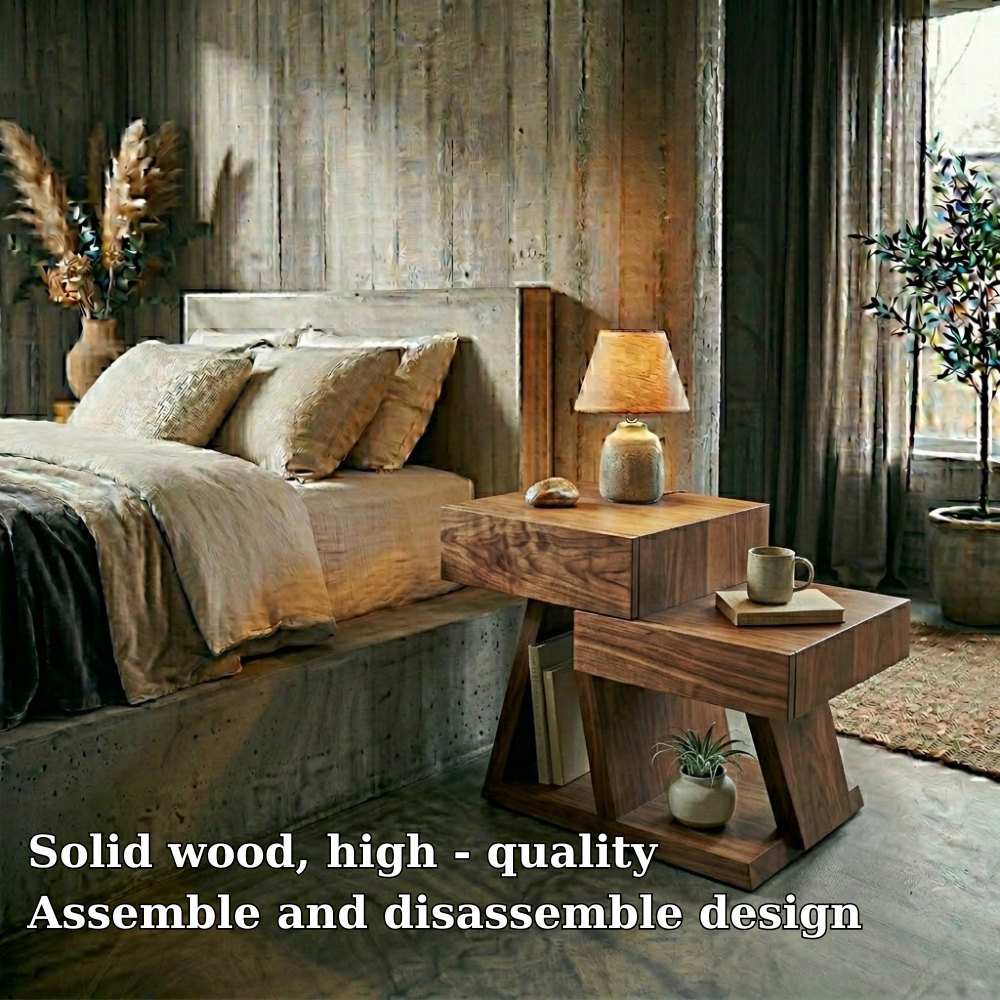 Solid Wood Nightstand Set with Drawer & Shelf – Modern Rustic Bedside Tables