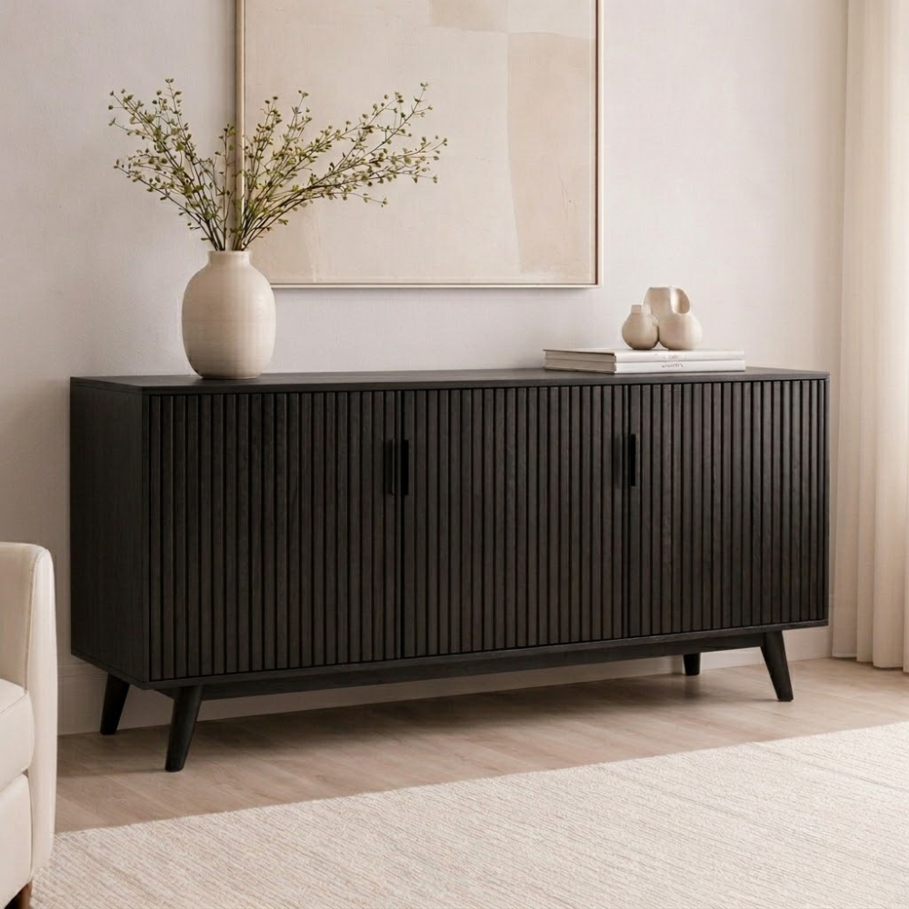 Solid Wood Fluted Console Cabinet with Doors – Modern Storage Sideboard