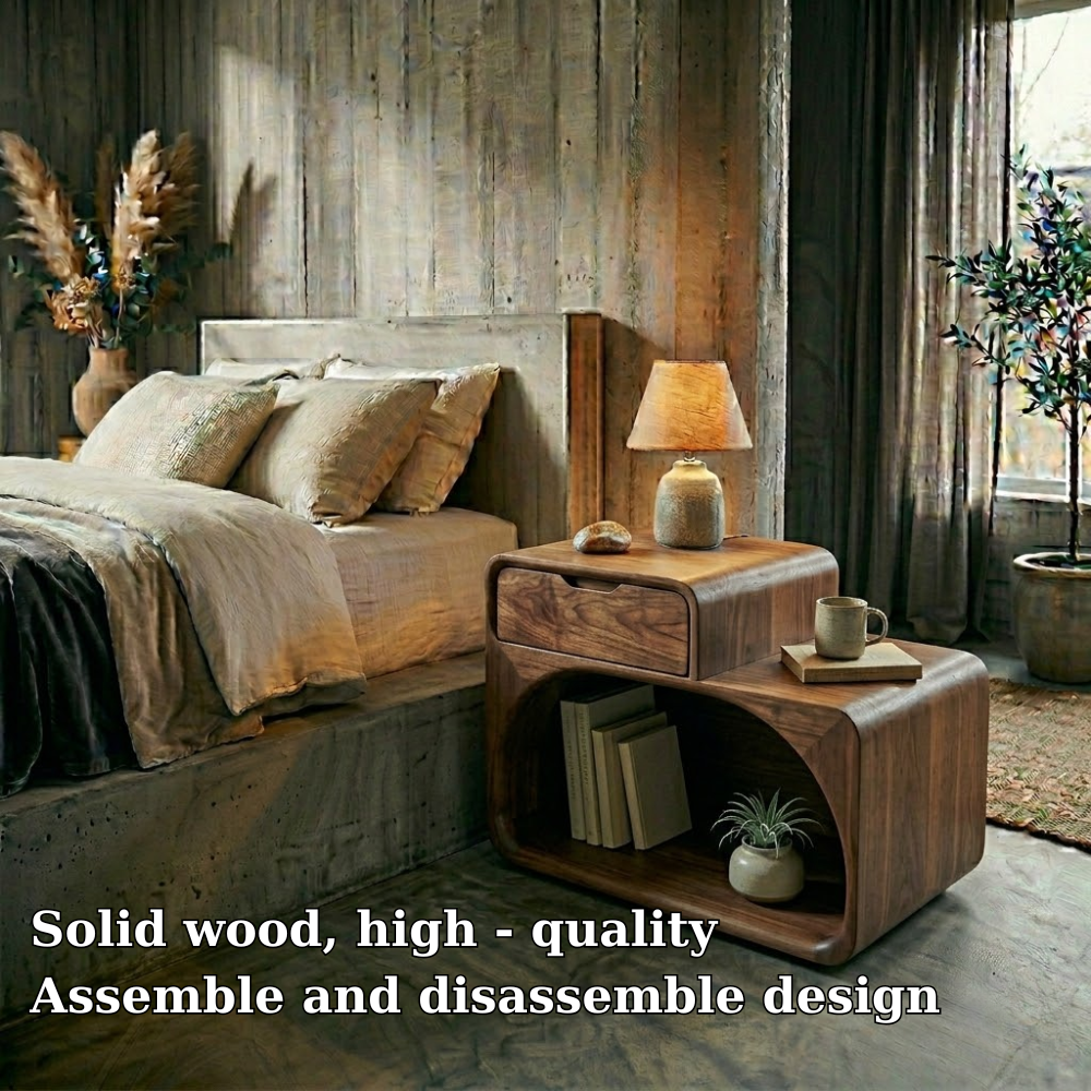 Solid Wood Nightstand with Drawer & Open Shelf – Modern Curved Bedside Table