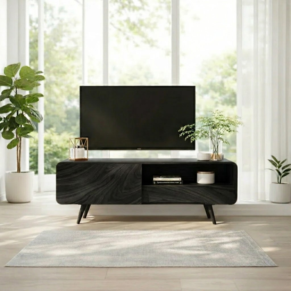 Solid Wood TV Console with Sliding Door – Modern Walnut Media Stand with Storage