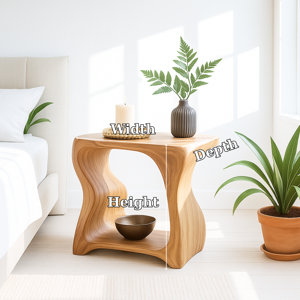 Modern Wooden Nightstand with Curved Design for Bedroom - Natural Wood Finish