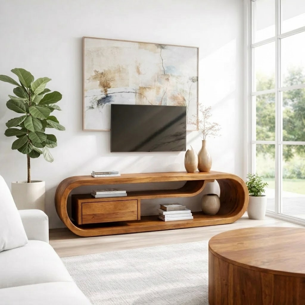 Solid Wood TV Console with Curved Design – Modern Media Stand with Drawer