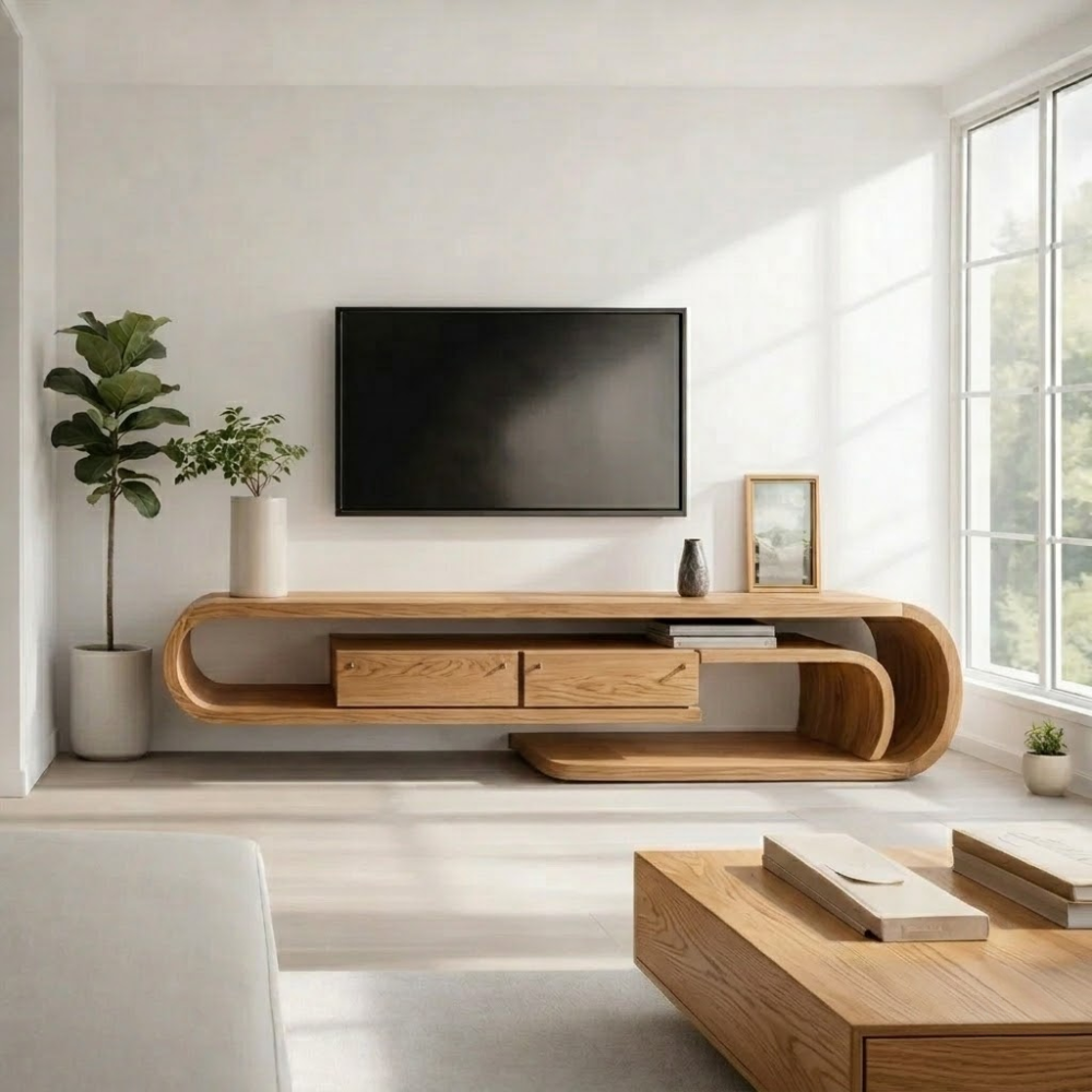 Solid Wood Media Console with Curved Frame & Floating Design, Modern TV Stand