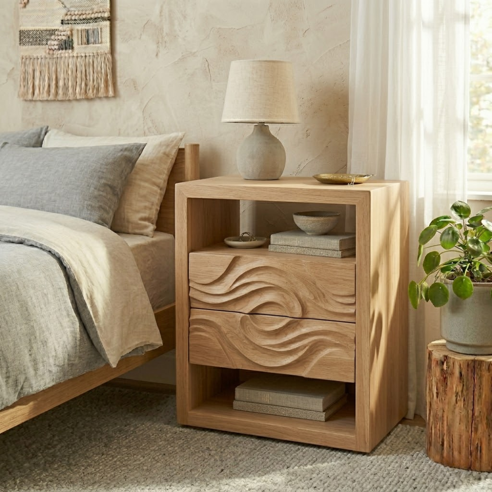 Solid Nightstand with Carved Drawer – Modern Table with Storage