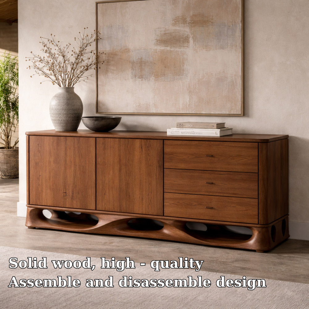 Solid Wood Console Cabinet with Sculptural Base and Drawer Storage