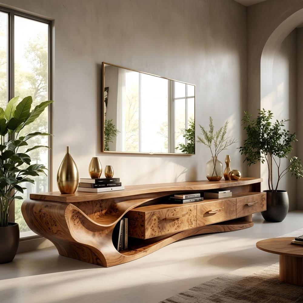 Solid Wood Media Console with Curved Design, Modern TV Stand with Storage
