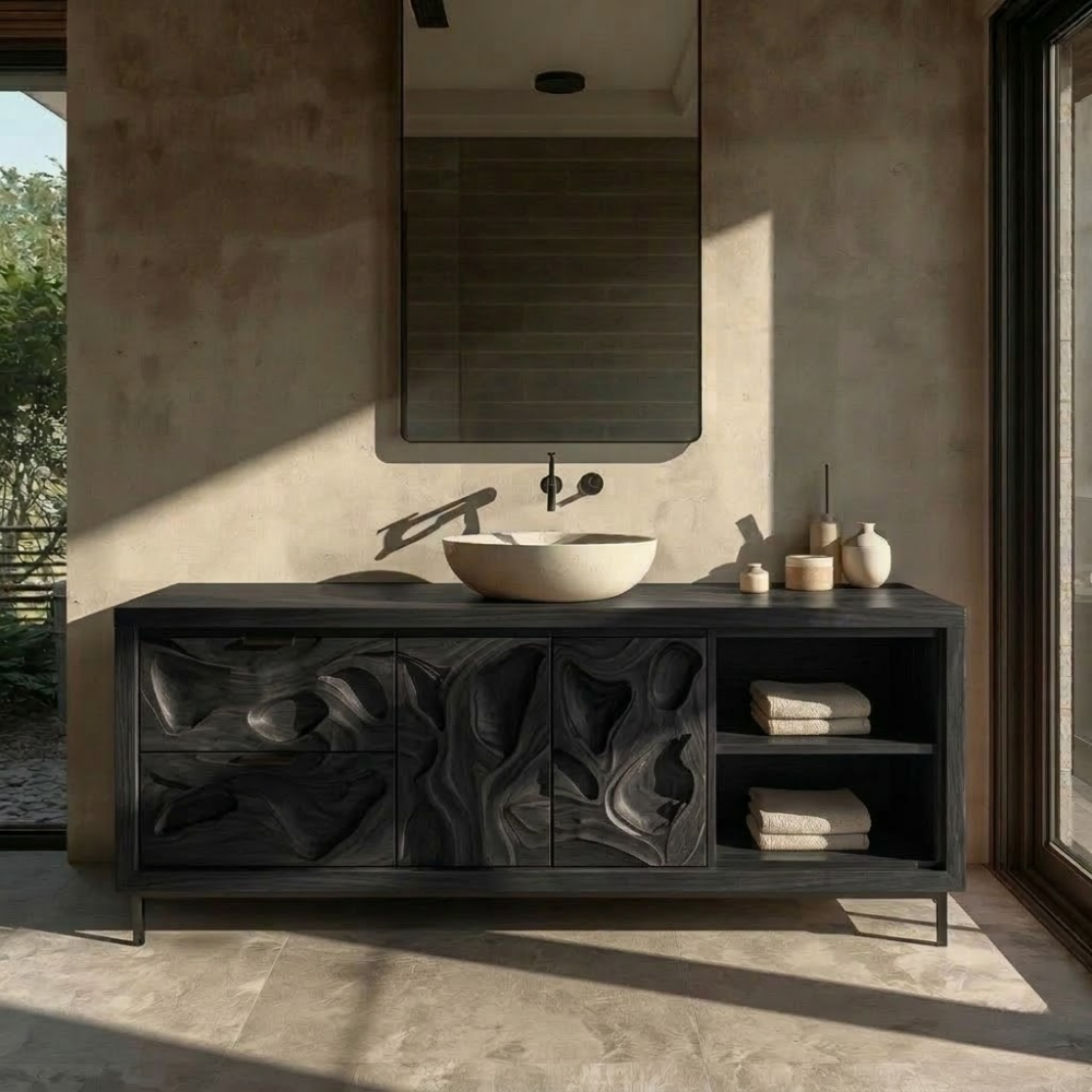 Solid Wood Bathroom Vanity with Sculpted Organic Design β Modern Storage Cabinet