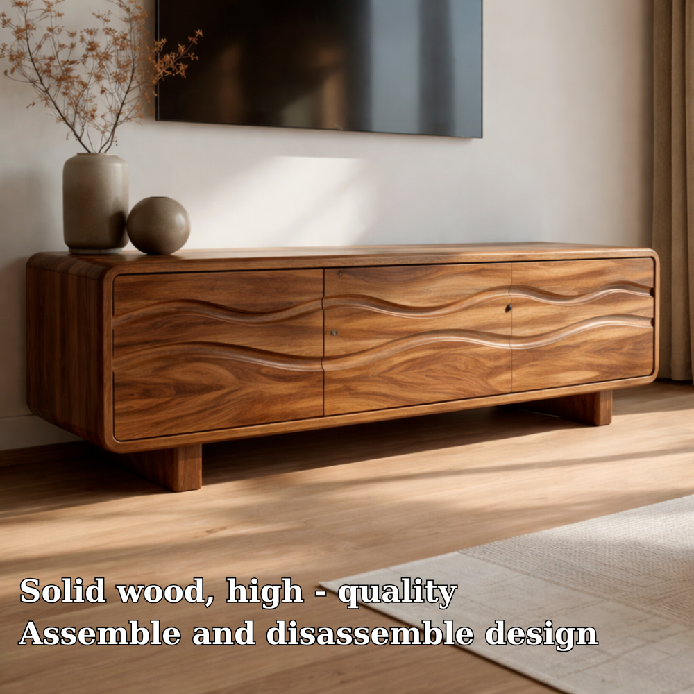 Solid Wood Wave Front TV Cabinet – Modern Low Media Console with Storage Doors