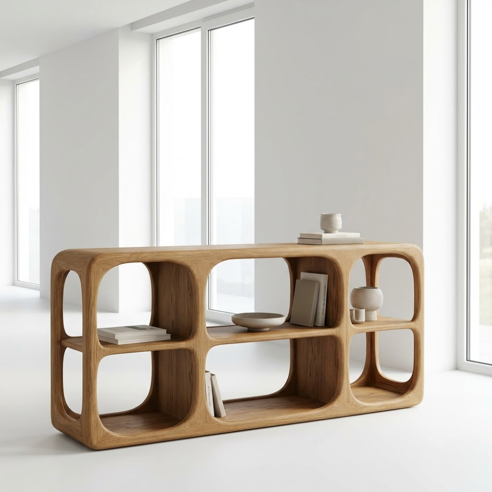 Minimalist Light Oak Console Cabinet - Sculptural Open Shelf Sideboard