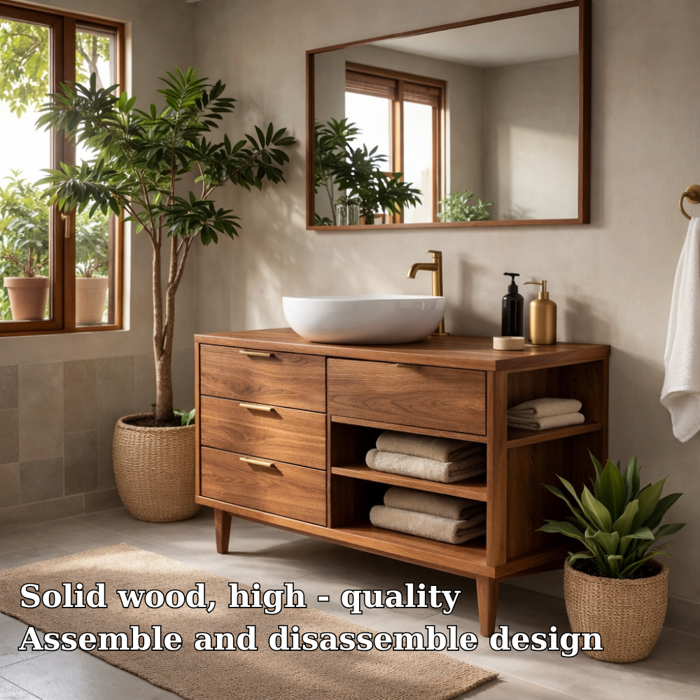 Solid Wood Bathroom Vanity with Drawers and Open Side Shelves for Storage