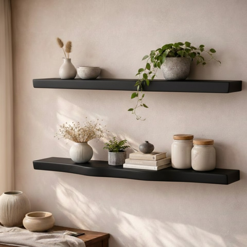 Handcrafted Solid Wood Tree Branch Wall Shelf - Organic Live Edge Floating Bookshelf