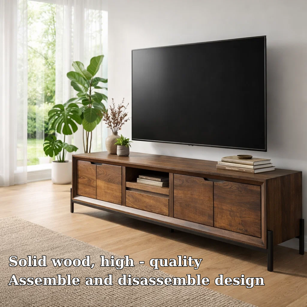 Solid Wood TV Console with Cabinets & Open Shelf – Modern Media Stand