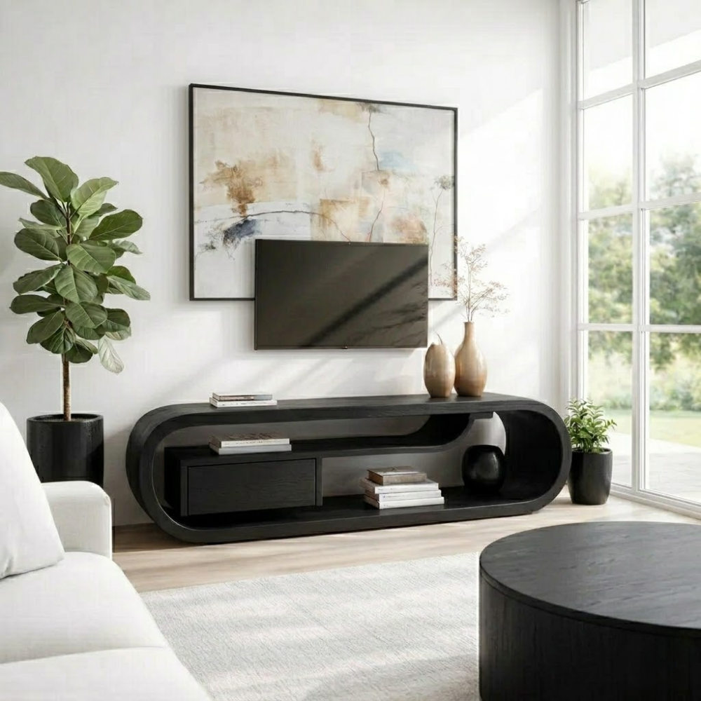 Solid Wood TV Console with Curved Design – Modern Media Stand with Drawer