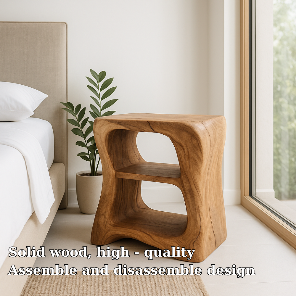 Modern Wooden Nightstand with Curved Design - Solid Wood Bedside Table for Bedroom
