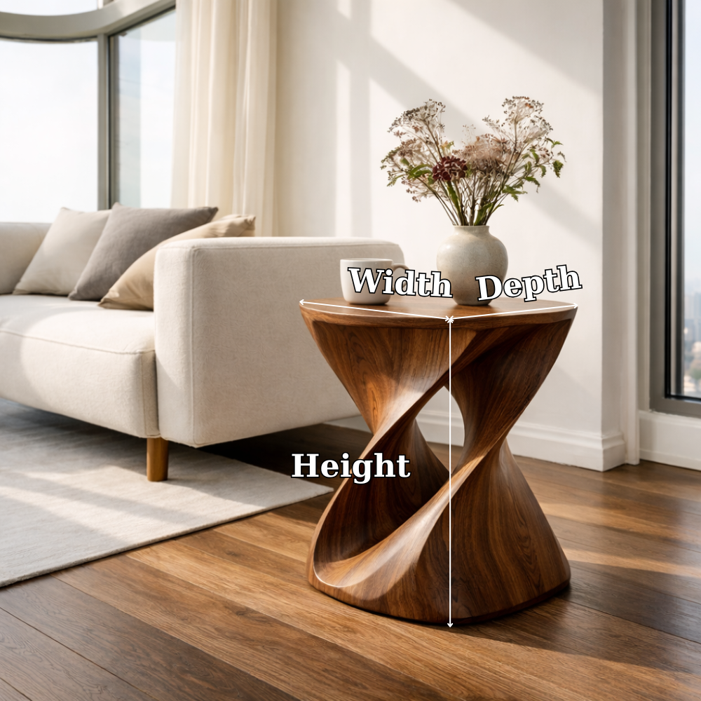 Modern Sculptural Solid Wood End Table – Artistic Curved Side Table for Living Room