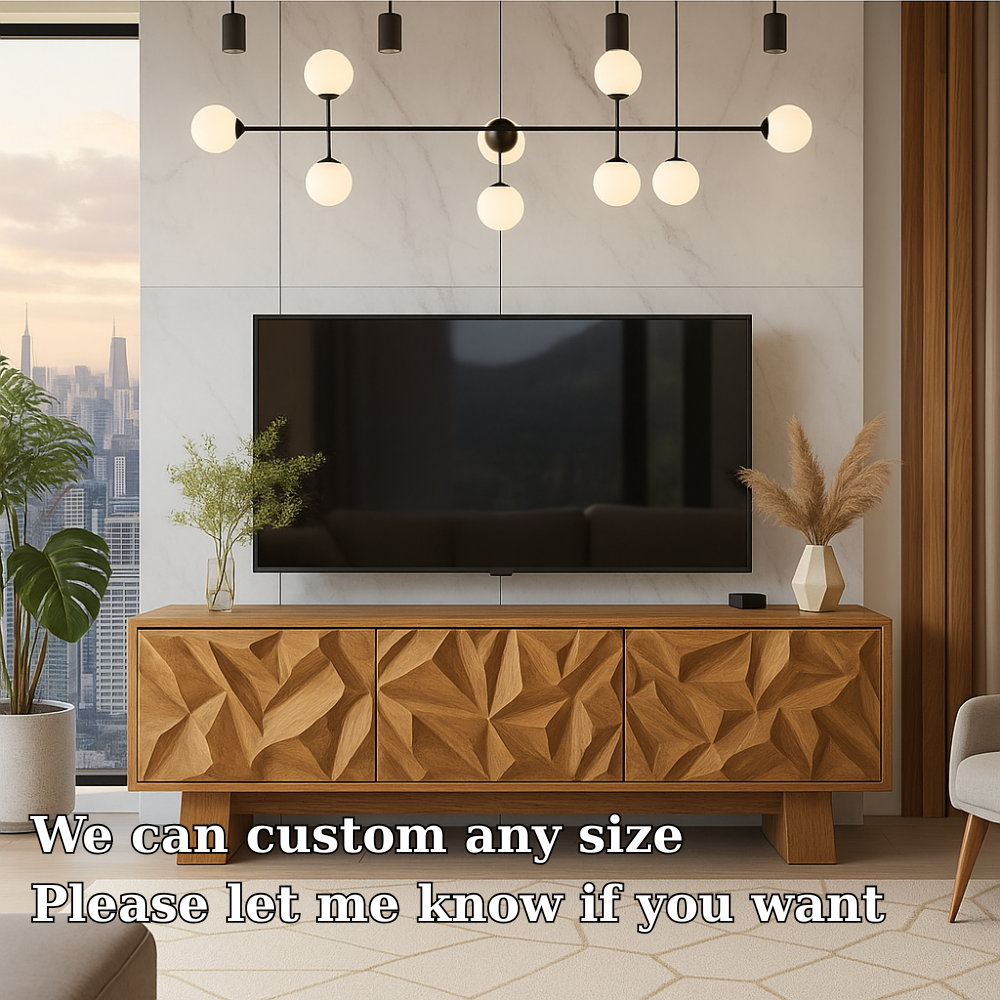 Solid Wood TV Stand Modern Walnut Media Console with Geometric Carved Storage Cabinet